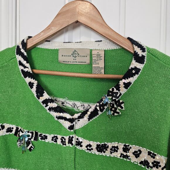 Vintage Design Options Cardigan Womens Med Green Sequins Beaded Glam Grandmacore - Picture 3 of 13